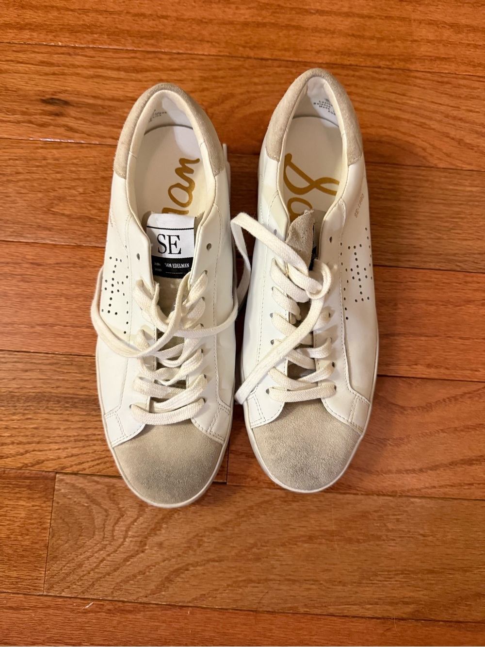 Sam Edelman Cream & White Leather Suede Lace-Up Sneakers